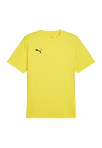 Felle gele T-shirt met korte mouwen, gemaakt van lichtgewicht stof. Heeft een zwart logo op de linkerkant van de borst en contrasterende zijpanelen.