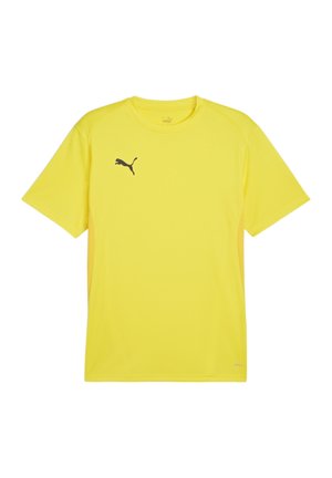 Felle gele T-shirt met korte mouwen, gemaakt van lichtgewicht stof. Heeft een zwart logo op de linkerkant van de borst en contrasterende zijpanelen.
