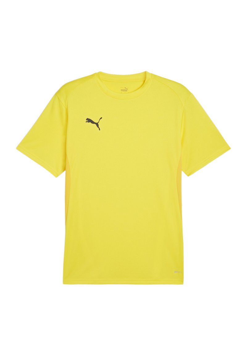 Felle gele T-shirt met korte mouwen, gemaakt van lichtgewicht stof. Heeft een zwart logo op de linkerkant van de borst en contrasterende zijpanelen.