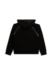 Sudadera con capucha negra que presenta un forro con estampado en la capucha, ribetes blancos a lo largo de las costuras y puños acanalados. La parte trasera muestra una textura lisa.