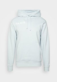 Sudadera con capucha de color azul claro, fabricada en algodón, que cuenta con un bolsillo tipo canguro, capucha con cordón y el texto impreso "PARÍS" y "SAINT-GERMAIN."