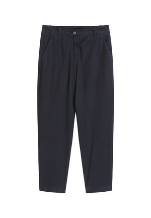 Schwarze Hose mit geradem Bein, vorn mit Knopf- und Reißverschluss, Gürtelschlaufen und seitlichen Taschen.