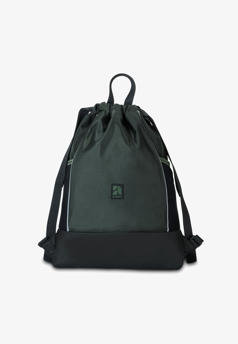 Zaino con cordino in tessuto verde scuro con un motivo testurizzato, accentuato da una base nera solida e un logo. Inclusi spallacci regolabili.