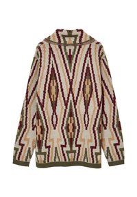 Cardigan en tricot avec un motif géométrique dans des tons beige, bordeaux, vert et ocre. Présente un col et des manches longues avec des bords côtelés.