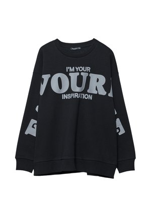 Schwarzer Sweatshirt mit großem grauem Schriftzug „I'M YOUR“ und kleinerem Schriftzug „INSPIRATION“ vorne, Oversize-Passform mit langen Ärmeln und gerippten Bündchen.
