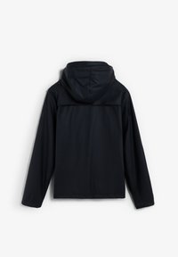 Sort hættejakke med lange ærmer vist fra ryggen på en ensfarvet hvid baggrund.