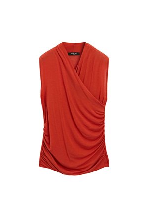 Haut orange sans manches en tissu doux, avec un design drapé à l'avant et des côtés froncés pour une texture supplémentaire.