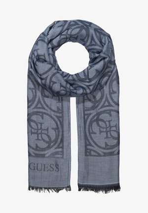 Blauwgrijze sjaal met een donker rond logopatroon en franjes aan de randen, met de merknaam "GUESS" nabij één uiteinde.