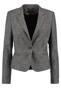 Blazer à carreaux gris avec une coupe ajustée, fermeture à un bouton et revers crantés. Fabriqué en tissu texturé, comportant deux poches avant.