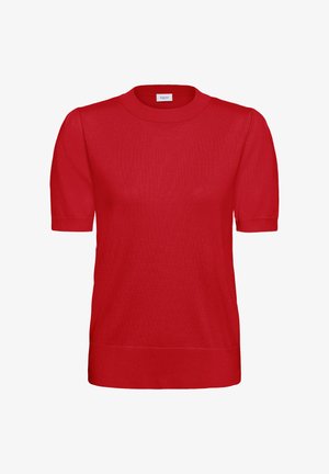 Rode trui met korte mouwen, ronde hals en geribbelde zoom. De stof is glad met een lichte stretch en biedt een aansluitend silhouet.