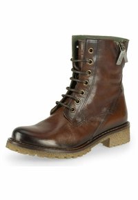 Bottine en cuir marron avec une surface texturée, semelle en caoutchouc, œillets en métal, fermeture à lacets à l'avant et zip sur le côté.