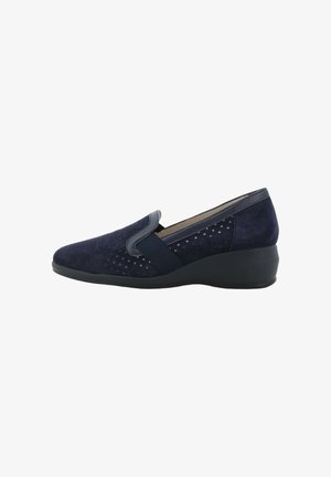 Scarpa blu navy senza lacci con tomaia traforata, pannello laterale elasticizzato e tacco a zeppa basso, concepita per un utilizzo casual o professionale.