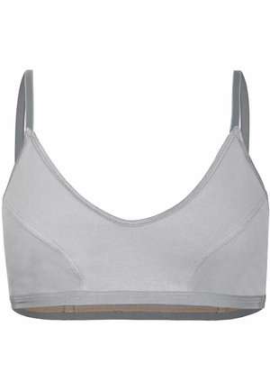 Bralette gris en tissu doux. Présente un décolleté en V, des bretelles réglables et des bords sans couture pour plus de confort. Sans rembourrage ni armature.