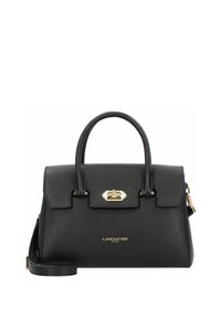 Borsa a mano in pelle nera con finitura testurizzata, forma strutturata, manici superiori e tracolla rimovibile. Presenta dettagli in metallo dorato e logo.