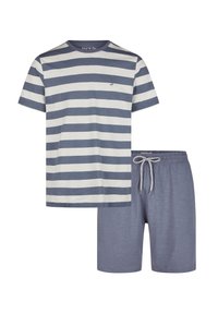 Randig kortärmad t-shirt i marinblå och krämfärgad med rund hals, tillsammans med ljusgrå shorts med dragsko i midjan.