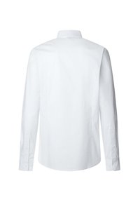 Witte blouse met lange mouwen, een gebogen zoom, een puntige kraag en knoopmanchetten. Gladde textuur en minimalistisch ontwerp.