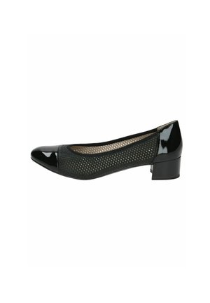 Black patent leather ballet flat with perforated upper, rounded toe, and low block heel. Features a contrasting shiny toe cap.