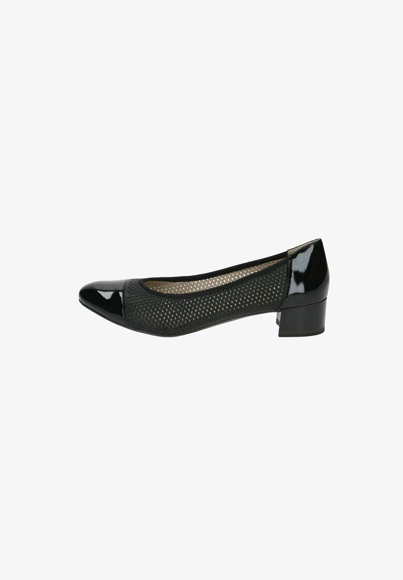 Bailarina de charol negro con parte superior perforada, punta redondeada y tacón bajo de bloque. Presenta una punta brillante de contraste.