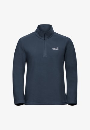 Navy fleece pullover with a quarter-zip collar, long sleeves, and a small white logo on the chest. Soft texture, relaxed fit.