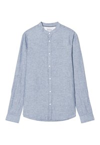 Camicia a maniche lunghe a righe blu e bianche con colletto alla coreana, chiusura con bottoni e maniche con polsini; realizzata in un tessuto leggero.