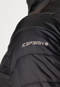 Giacca a vento nera con design trapuntato, texture lucida e logo "ICEPEAK" argentato sulla spalla. Finitura in tessuto liscia.