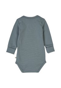 Long-sleeve baby bodysuit in muted blue-gray cotton, with ribbed texture, rounded neckline, and snap closures at the bottom.