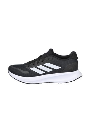 Zapatilla deportiva para correr en blanco y negro con parte superior de malla, diseño con cordones y tres rayas blancas en el lateral, mostrada en vista de perfil derecho.
