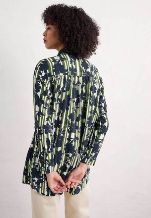 Langarmshirt met een bloemenpatroon in navy en groene strepen, gemaakt van lichtgewicht stof, met een knoopsluiting op de rug en een relaxed fit.