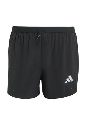 Čierne atletické šortky s elastickým pásom a sťahovacou šnúrkou, s bielym logom Adidas na pravej nohe.