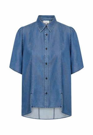 Denim shirt met een knoopsluiting aan de voorkant, korte mouwen, een klassieke kraag en zijsplitten, in een lichtblauwe tint met een gestructureerde afwerking.