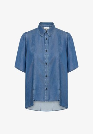 Denim shirt met een knoopsluiting aan de voorkant, korte mouwen, een klassieke kraag en zijsplitten, in een lichtblauwe tint met een gestructureerde afwerking.