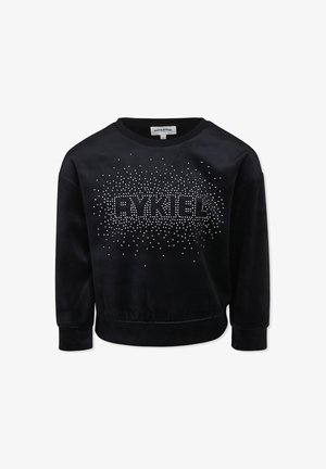 Felpa nera in velluto con maniche lunghe, scollo rotondo e motivo testuale in strass, caratterizzata da una vita aderente e una texture morbida.