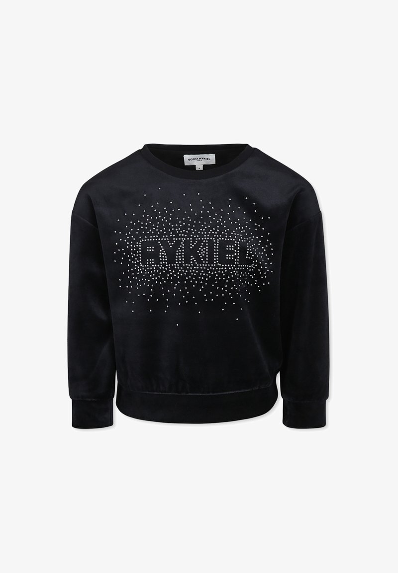 Felpa nera in velluto con maniche lunghe, scollo rotondo e motivo testuale in strass, caratterizzata da una vita aderente e una texture morbida.