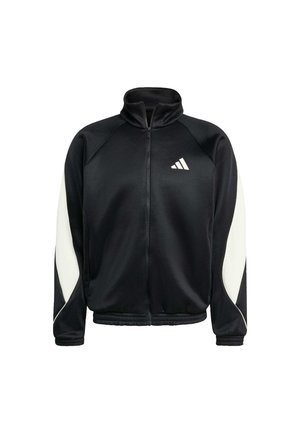 Zwarte zip-up jas met een hoge kraag, voorzien van witte paneelaccenten en een klein wit logo op de borst. Gemaakt van een gladde stof.