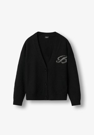 Czarny dzianinowy kardigan z dekoltem w serek, długimi rękawami i zapięciem na guziki. Posiada subtelne logo w szarości po lewej stronie. Miękka faktura.