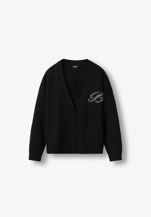 Czarny dzianinowy kardigan z dekoltem w serek, długimi rękawami i zapięciem na guziki. Posiada subtelne logo w szarości po lewej stronie. Miękka faktura.