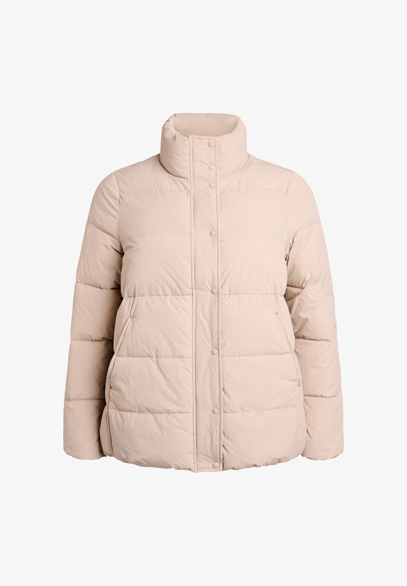 Pufjakas gaiši bēšā krāsā ar augstu apkakli, spiedpogu aizdari un izšūtu rakstu. Izgatavots no mīksta, viegla materiāla.