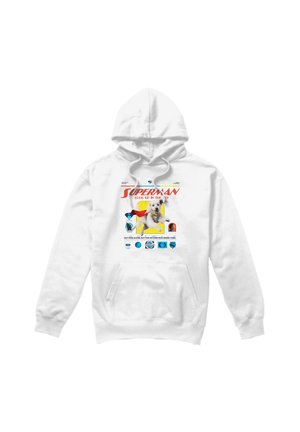 White hoodie with a graphic of a dog wearing a red cape and text "Superman Look Up in the Sky" on the front.