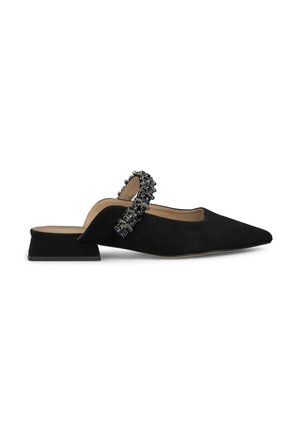 Black suede slingback shoe with a pointed toe, featuring decorative black gemstone accents on the heel and a low block heel.