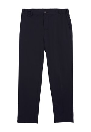 Ciemnogranatowe spodnie o prostych nogawkach z elastycznym pasem, zapięciem na guzik, przednimi kieszeniami i czystym, minimalistycznym designem.