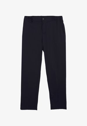 Pantalon droit bleu marine foncé avec taille élastique, fermeture par bouton, poches avant et un design épuré et minimaliste.