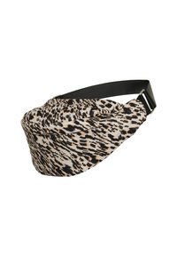 Fanny pack v živalskem tisku iz blaga, s krožno obliko, nastavljivim črnim trakom in teksturiranim vzorcem v bež in črnih odtenkih.