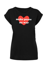 Sort bomulds t-shirt med oprullede ærmer, der har et stort rødt hjertegrafik og teksten "make peace no war" i fed hvid skrift.