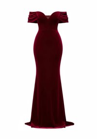 Robe en velours bordeaux avec une silhouette ajustée, un décolleté en cœur et des manches bouffantes dénudant les épaules. Texture lisse et longueur jusqu'au sol.