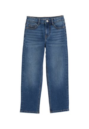 Blå denim jeans med lige ben, forlommer, bæltestropper og en knaplukning i taljen.