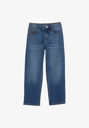 Jean en denim bleu coupe droite avec poches avant, passants pour ceinture et fermeture par bouton à la taille.