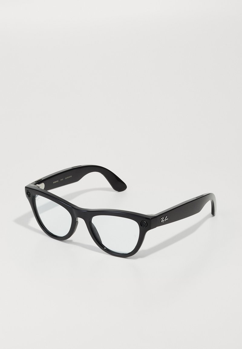 Black plastic eyeglasses with rectangular frames and clear lenses, featuring a small logo on the temple and a matte finish.