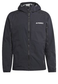 Veste à capuche noire avec fermeture éclair intégrale à l'avant, logo sur la poitrine gauche et panneaux texturés aux épaules et aux manches.