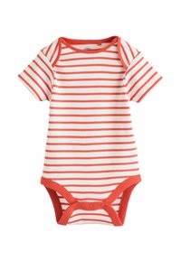 Pruhovaný detský overal v bielej a koralovej farbe, krátke rukávy, s okrúhlym výstrihom a patentkami na spodnej časti. Jemný bavlnený materiál.