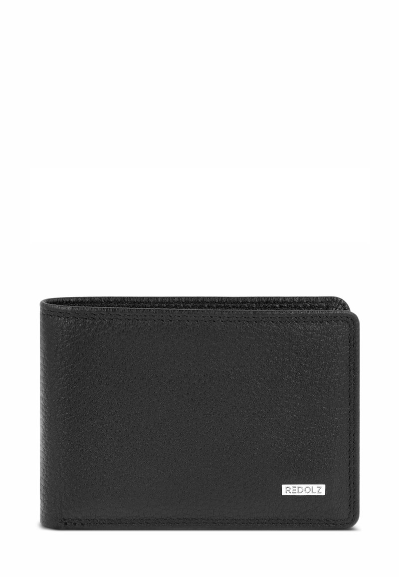 Zwarte leer bifold portemonnee met een metalen Redolz merklabel in de rechterbenedenhoek, tegen een witte achtergrond.